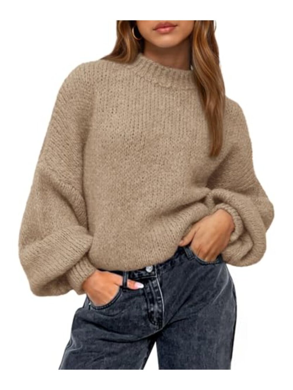 Oversized Crew Neck Lantern Sleeve Knit Sweater Loose Fit Pullover